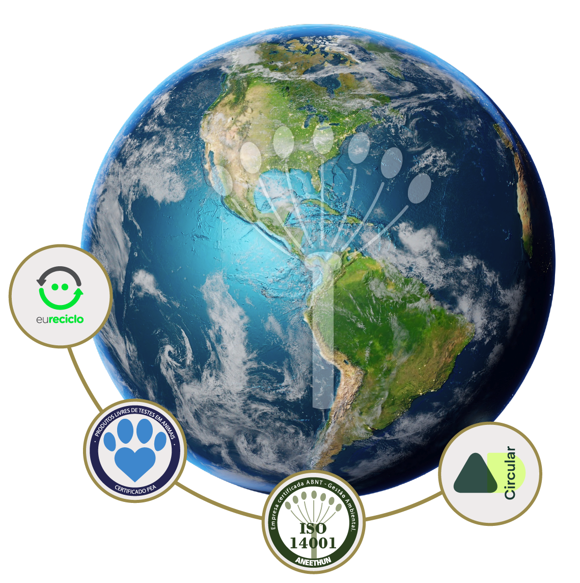 Imagem mostra globo terrestre com marca d'água com logotipo da Aneethun, rodeada pelos selos: Eu Reciclo. Livre de teste em animais. Iso 14001. AD Circular.